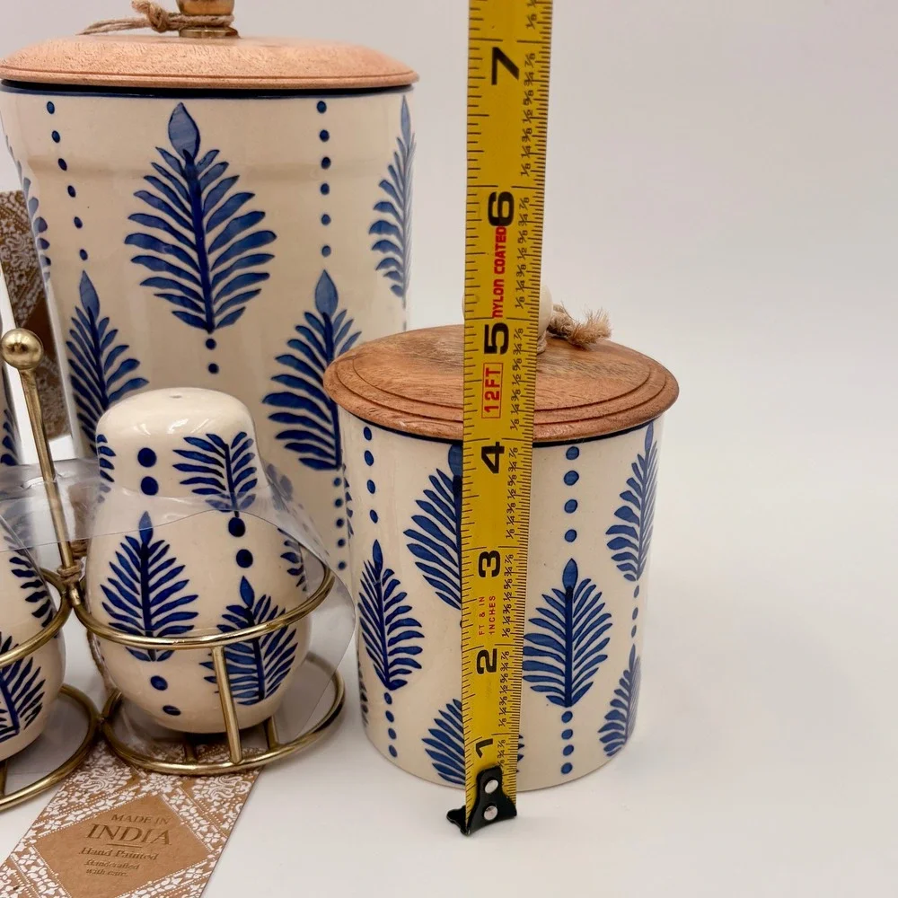 Made in India Blue Floral Leaf Hand Painted Ceramic Canister Set Salt Pepper 5pc